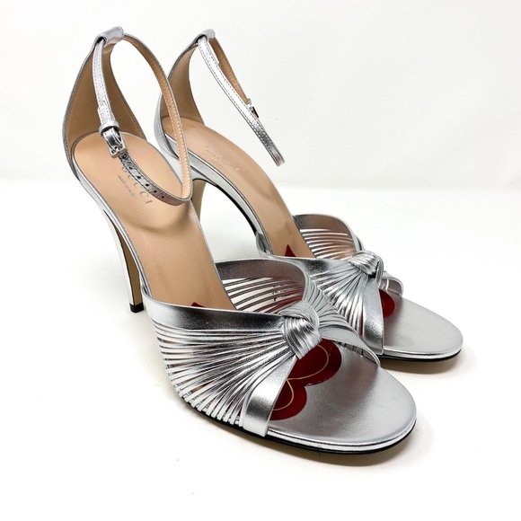 GUCCI Crawford Knotted Leather Silver Metallic Strap Heel Sandals - Picture 5 of 11